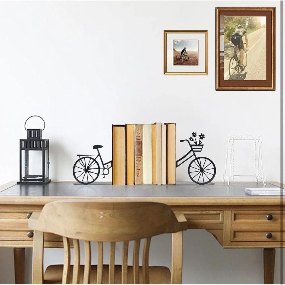Bicycle Metal Bookends, Black Floral Bike Decorative Book Ends for Shelves‎